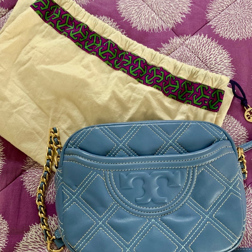 Tory Burch Quilted Blue Crossbody Bag with Gold Chain